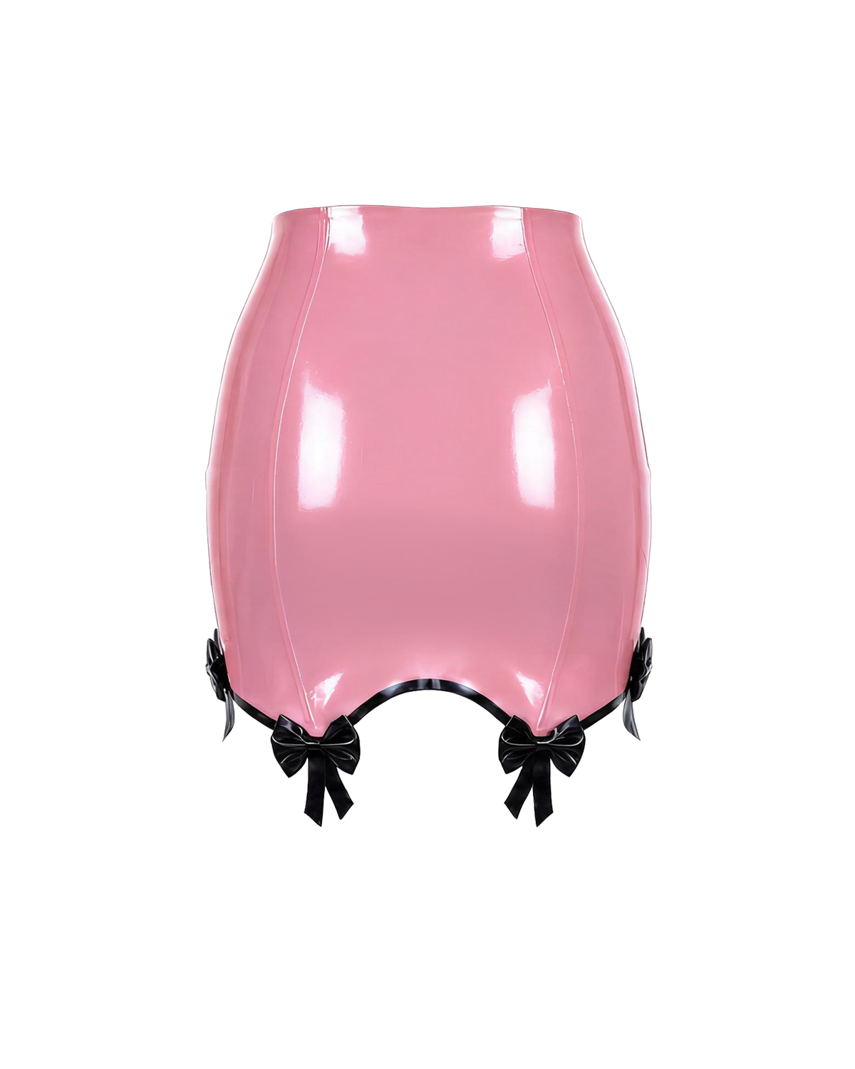 A high-shine metallic pink latex pencil skirt by Ribcage, featuring contrasting black piping, integrated garter straps, and dainty black bows at the hem.