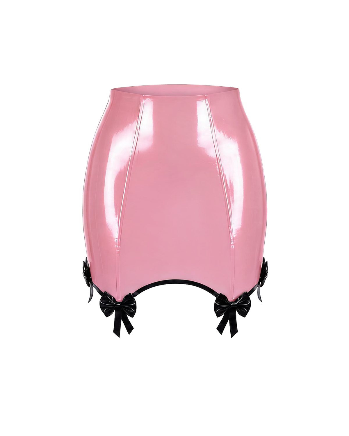 A high-shine metallic pink latex pencil skirt by Ribcage, featuring contrasting black piping, integrated garter straps, and dainty black bows at the hem.