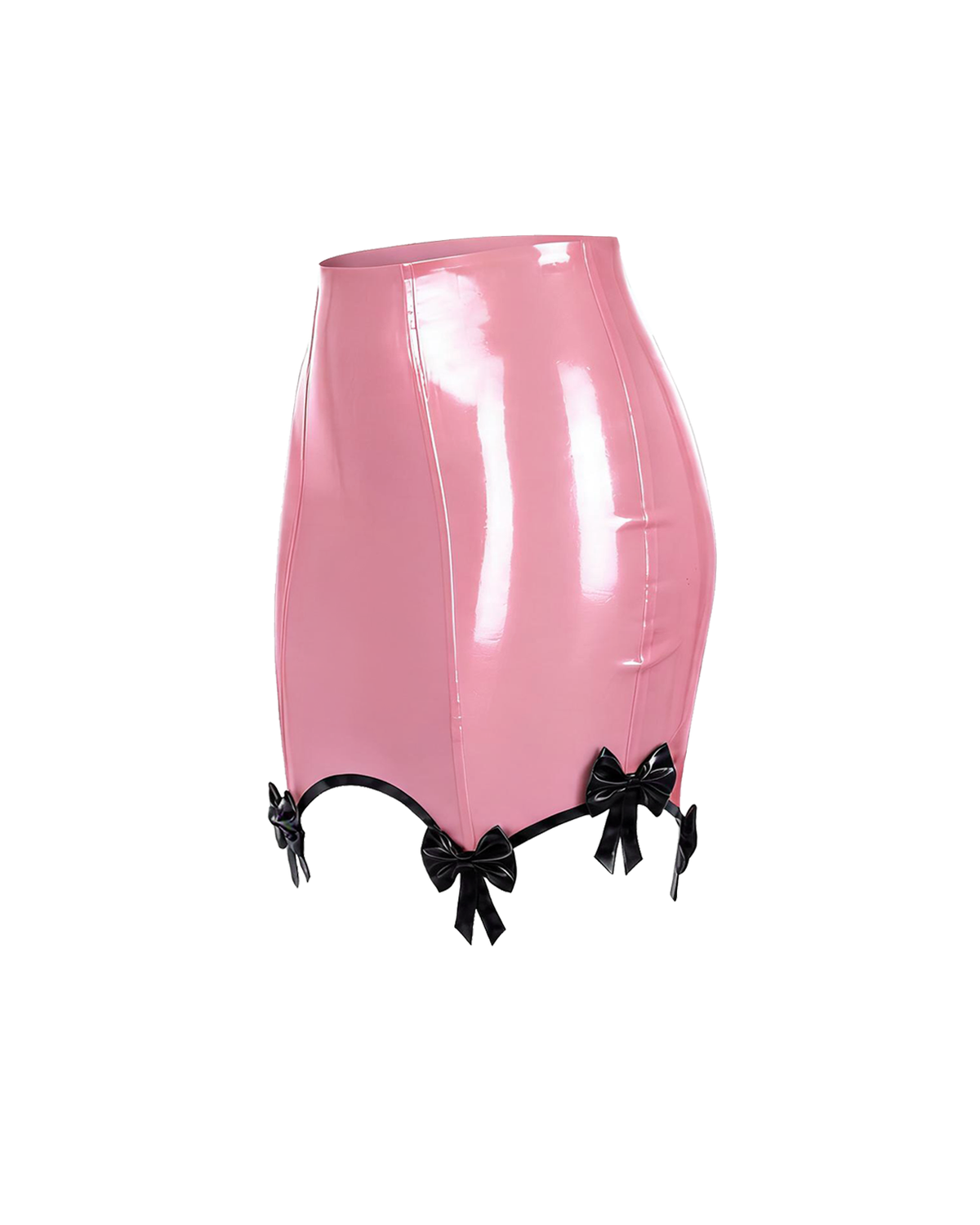 A high-shine metallic pink latex pencil skirt by Ribcage, featuring contrasting black piping, integrated garter straps, and dainty black bows at the hem.