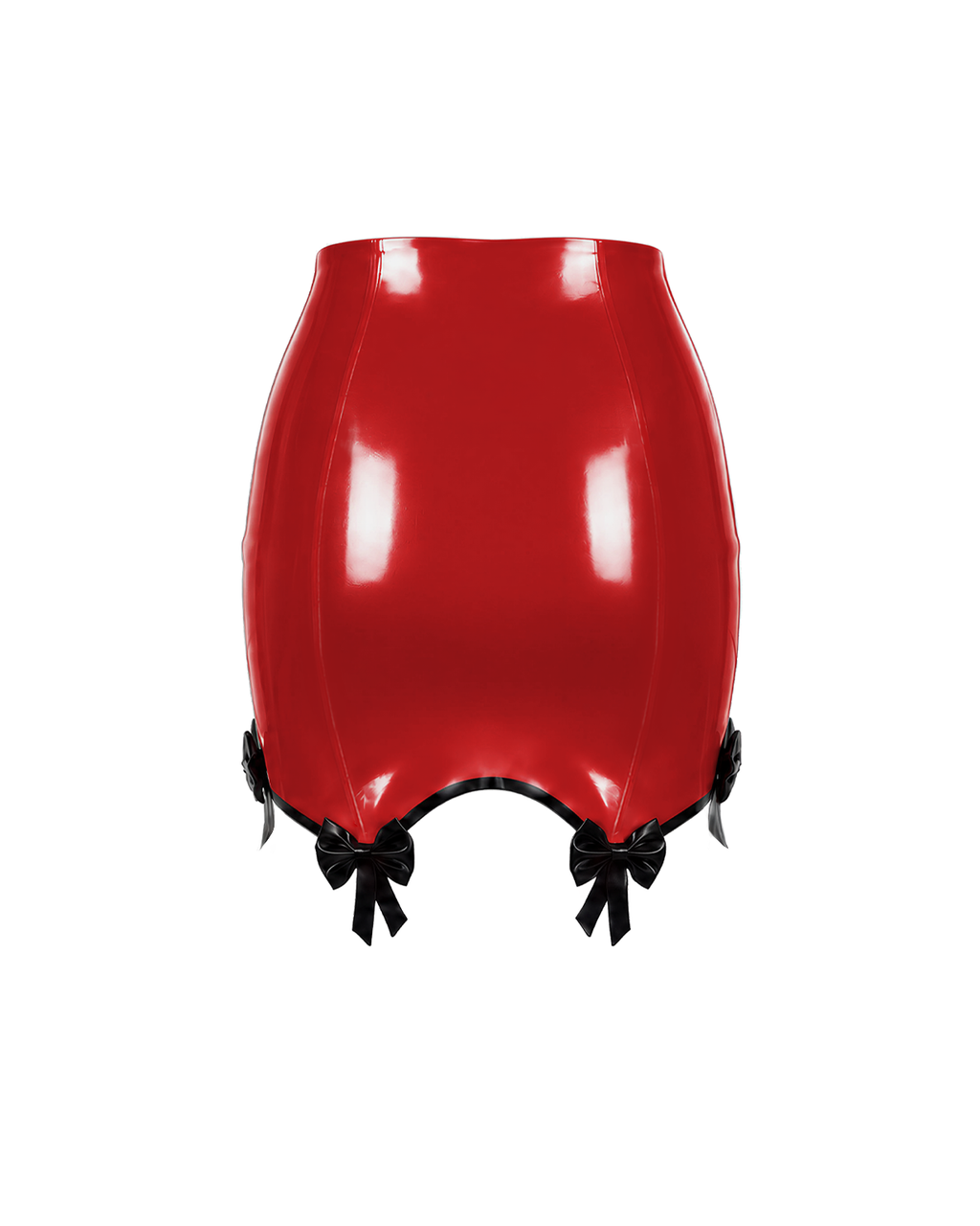 A high-shine red latex pencil skirt by Ribcage, featuring contrasting black piping, integrated garter straps, and dainty black bows at the hem.