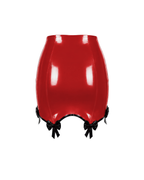 A high-shine red latex pencil skirt by Ribcage, featuring contrasting black piping, integrated garter straps, and dainty black bows at the hem.