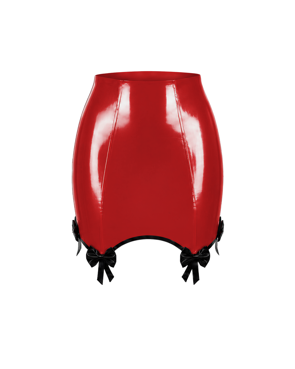 A high-shine red latex pencil skirt by Ribcage, featuring contrasting black piping, integrated garter straps, and dainty black bows at the hem.