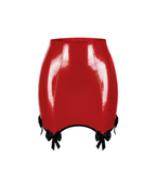 A high-shine red latex pencil skirt by Ribcage, featuring contrasting black piping, integrated garter straps, and dainty black bows at the hem.