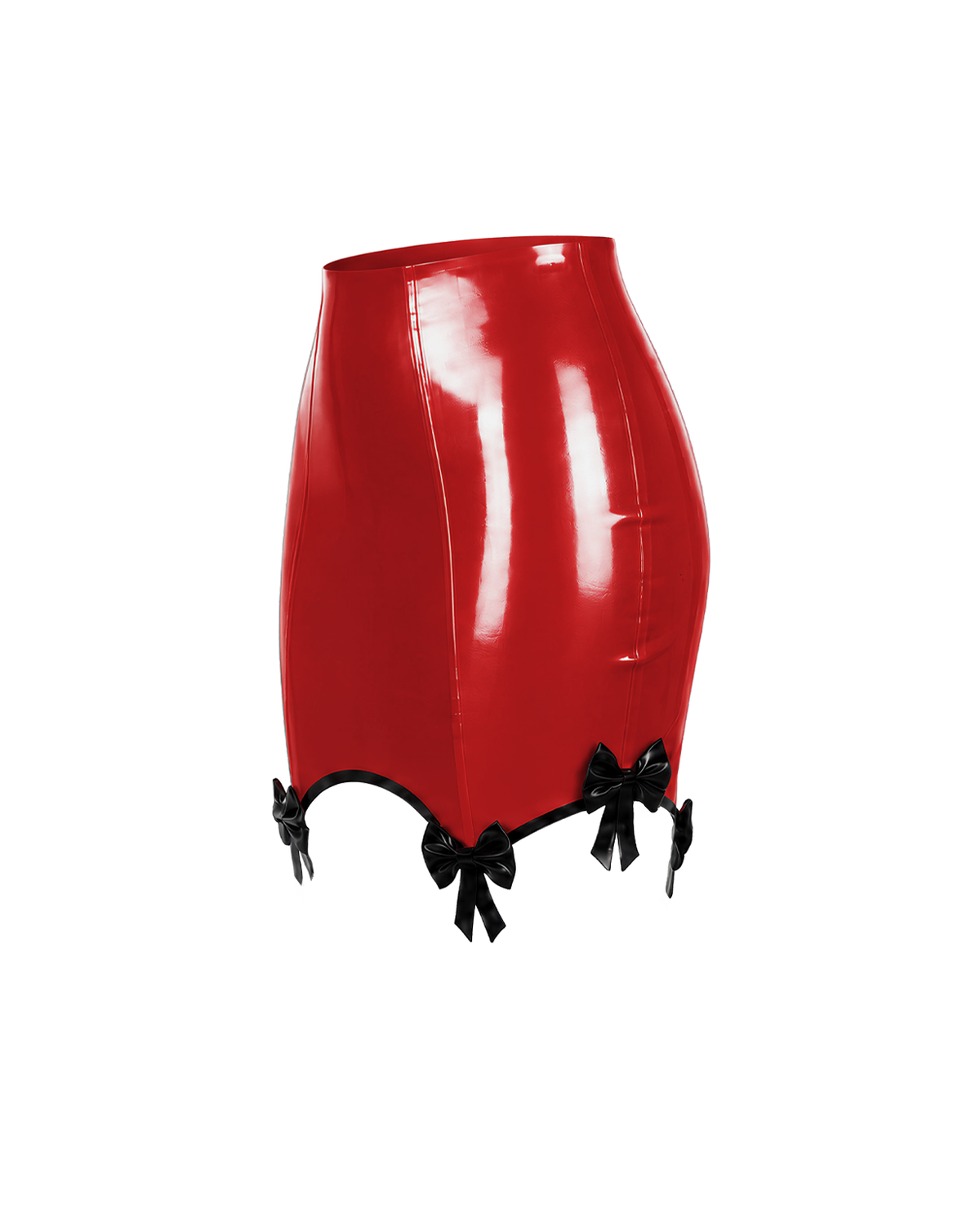 A high-shine red latex pencil skirt by Ribcage, featuring contrasting black piping, integrated garter straps, and dainty black bows at the hem.