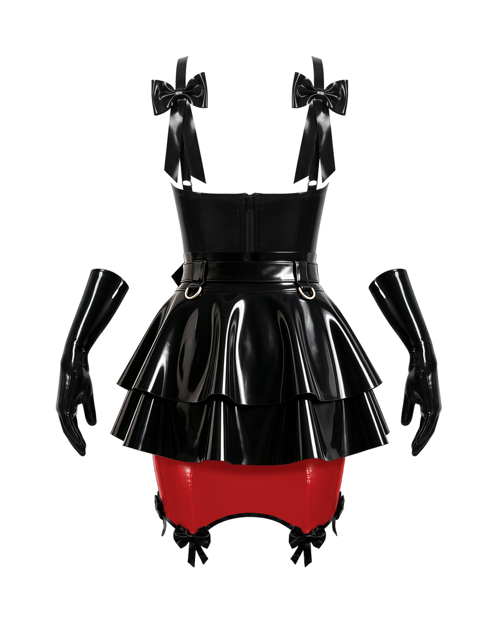 A model shown from the back wearing a high-shine black and red latex complete set by Ribcage, featuring The Coquette Bustier with back bow straps, The Coquette Skirt with hem bows, The Aurora layered peplum belt with a metallic buckle, and coordinating gloves.