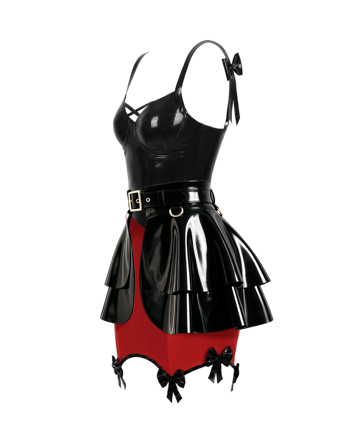 A model shown from the front wearing a high-shine black and red latex complete set by Ribcage, featuring The Coquette Bustier with back bow straps, The Coquette Skirt with hem bows, The Aurora layered peplum belt with a metallic buckle, and coordinating gloves.