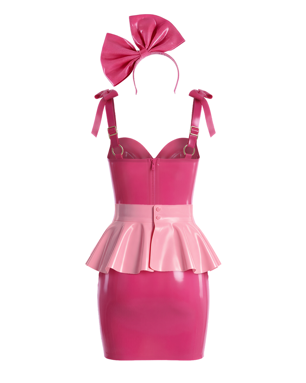 A back view of the high-shine color-blocked latex three-piece suit by Ribcage, highlighting the vivid fuchsia slip dress with a back zipper closure, the metallic pink peplum overlay, and the vivid fuchsia bow headband, displayed on a clean white background.
