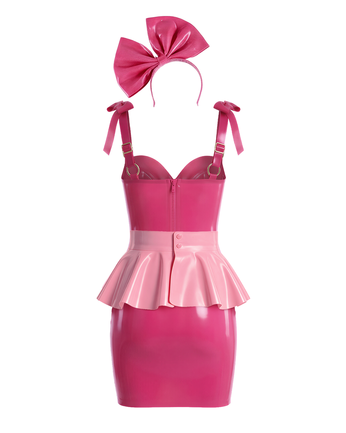 A back view of the high-shine color-blocked latex three-piece suit by Ribcage, highlighting the vivid fuchsia slip dress with a back zipper closure, the metallic pink peplum overlay, and the vivid fuchsia bow headband, displayed on a clean white background.