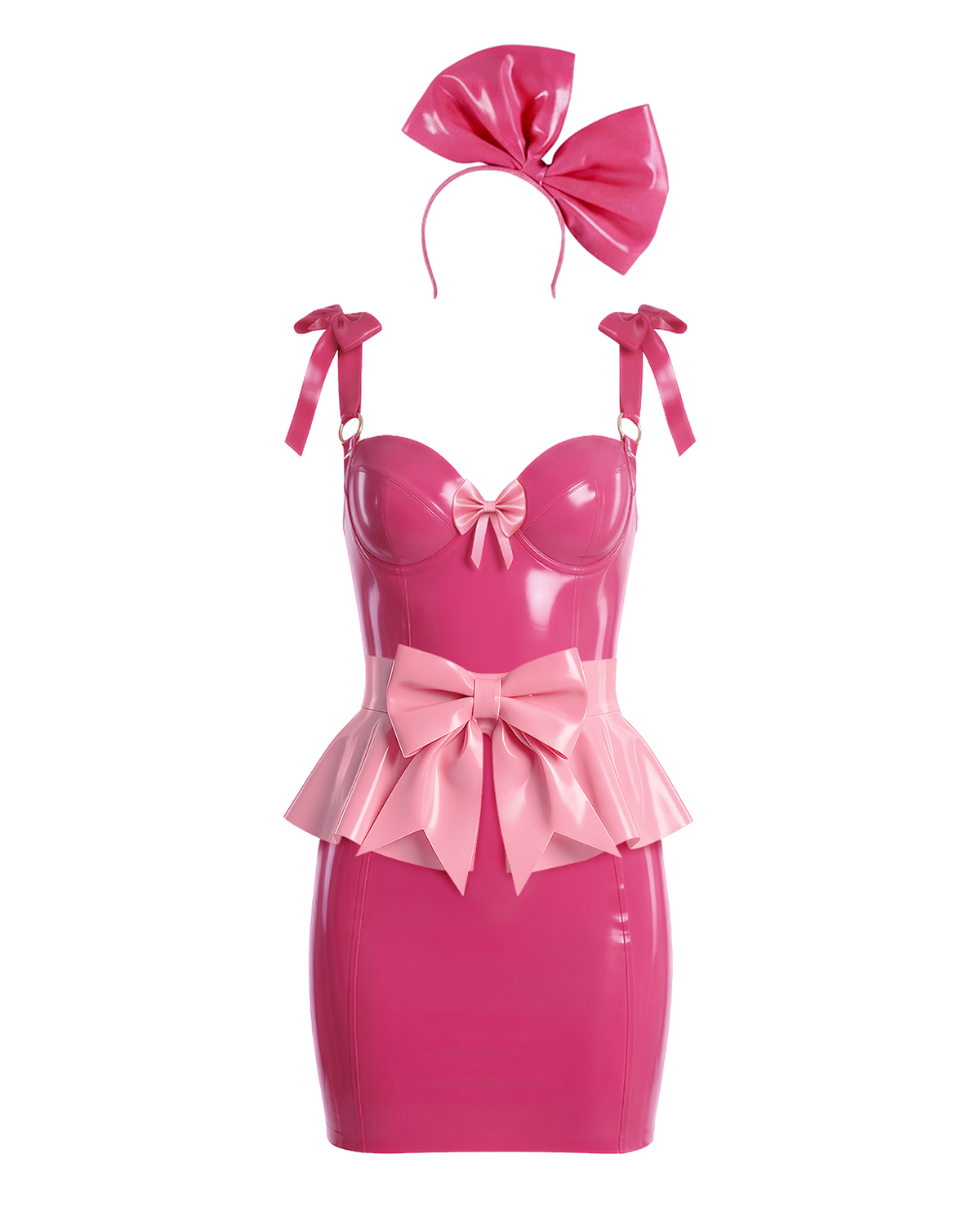 A front view of the high-shine color-blocked latex three-piece suit by Ribcage, featuring a vivid fuchsia slip dress with a metallic pink center bow, a contrasting metallic pink peplum overlay with a front bow, and a vivid fuchsia bow headband, displayed on a clean white background.