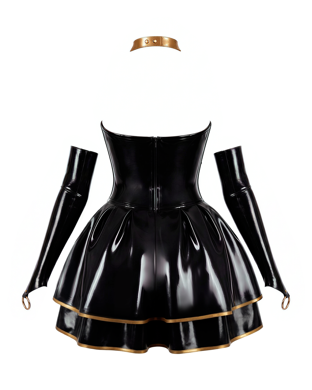 A back view of the high-shine black and gold latex one-piece mini dress by Ribcage, highlighting the built-in structured bustier bodice, the integrated double-layer flared skirt with gold trim, and matching long gloves.