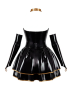 A back view of the high-shine black and gold latex one-piece mini dress by Ribcage, highlighting the built-in structured bustier bodice, the integrated double-layer flared skirt with gold trim, and matching long gloves.