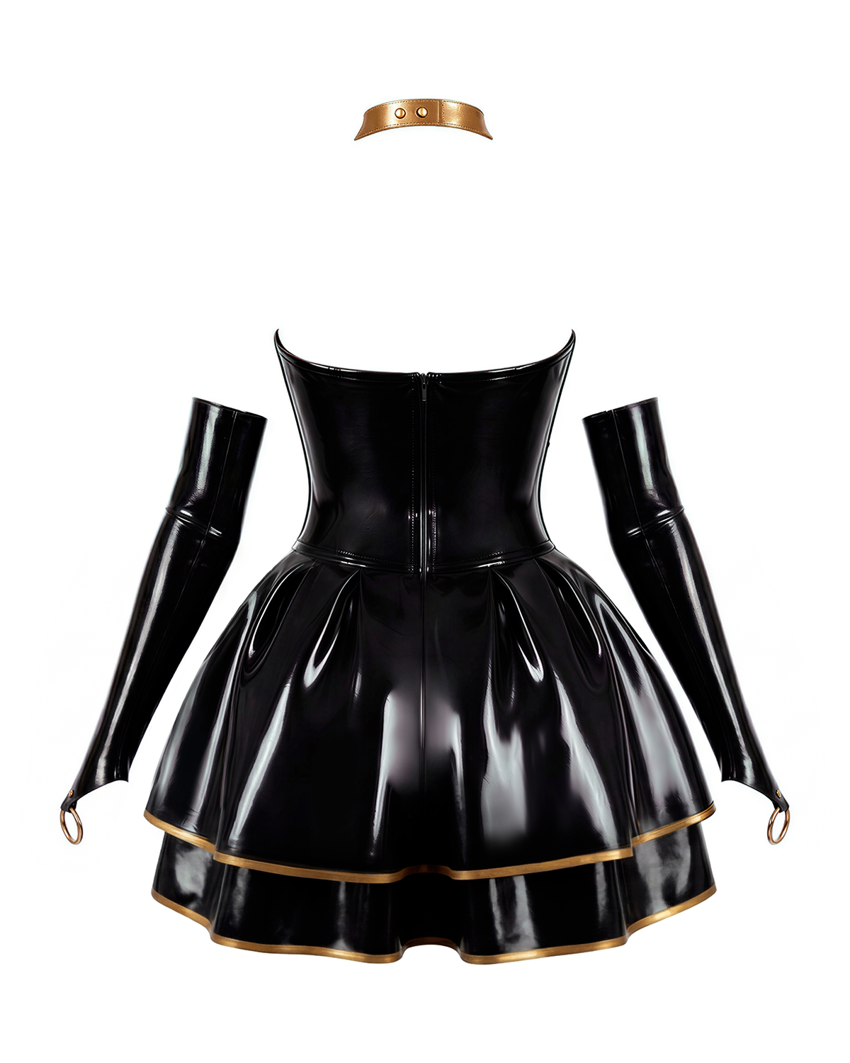 A back view of the high-shine black and gold latex one-piece mini dress by Ribcage, highlighting the built-in structured bustier bodice, the integrated double-layer flared skirt with gold trim, and matching long gloves.