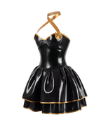 A side view of the high-shine black and gold latex one-piece mini dress by Ribcage, highlighting the built-in structured bustier bodice, the integrated double-layer flared skirt with gold trim, and matching long gloves.
