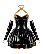 A front view of the high-shine black and gold latex one-piece mini dress by Ribcage, highlighting the built-in structured bustier bodice, the integrated double-layer flared skirt with gold trim, and matching long gloves.