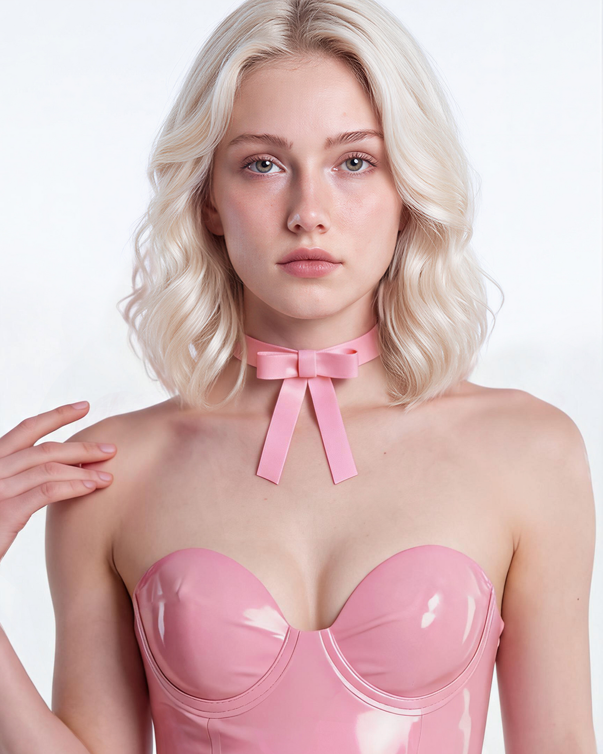 A model shown from the front wearing The Eloise Bow Choker by Ribcage Latex, featuring a high-shine metallic pink latex collar band with a structured front bow and elegant dangling ribbon ends.