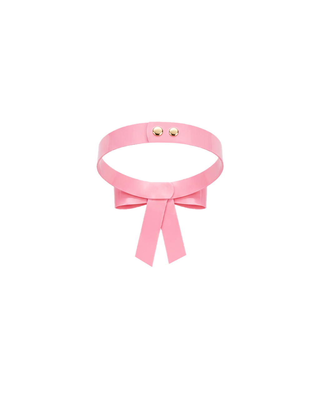 A back view of the high-shine metallic pink latex bow choker by Ribcage, highlighting the secure dual snap button closure at the back, displayed on a clean white background.