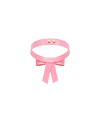 A back view of the high-shine metallic pink latex bow choker by Ribcage, highlighting the secure dual snap button closure at the back, displayed on a clean white background.