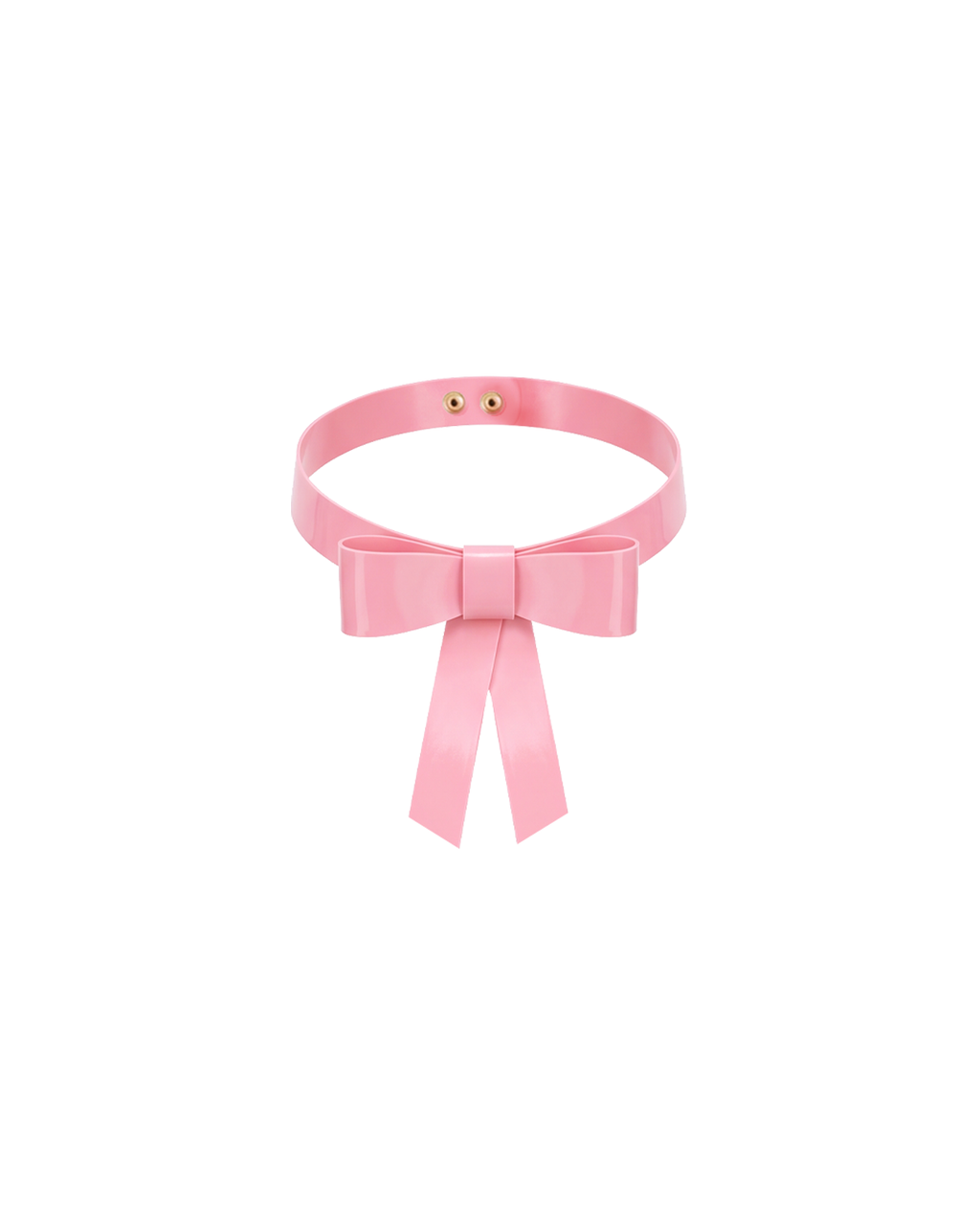A front view of the high-shine metallic pink latex bow choker by Ribcage, featuring a sleek collar band, a structured front bow, and elegant dangling ribbon ends, displayed on a clean white background.