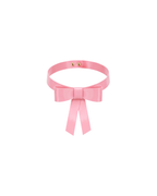 A front view of the high-shine metallic pink latex bow choker by Ribcage, featuring a sleek collar band, a structured front bow, and elegant dangling ribbon ends, displayed on a clean white background.