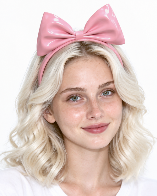 A model shown from the front wearing a high-shine metallic pink latex headband by Ribcage, featuring a sleek band crowned with a dramatic, oversized structural bow at the top.