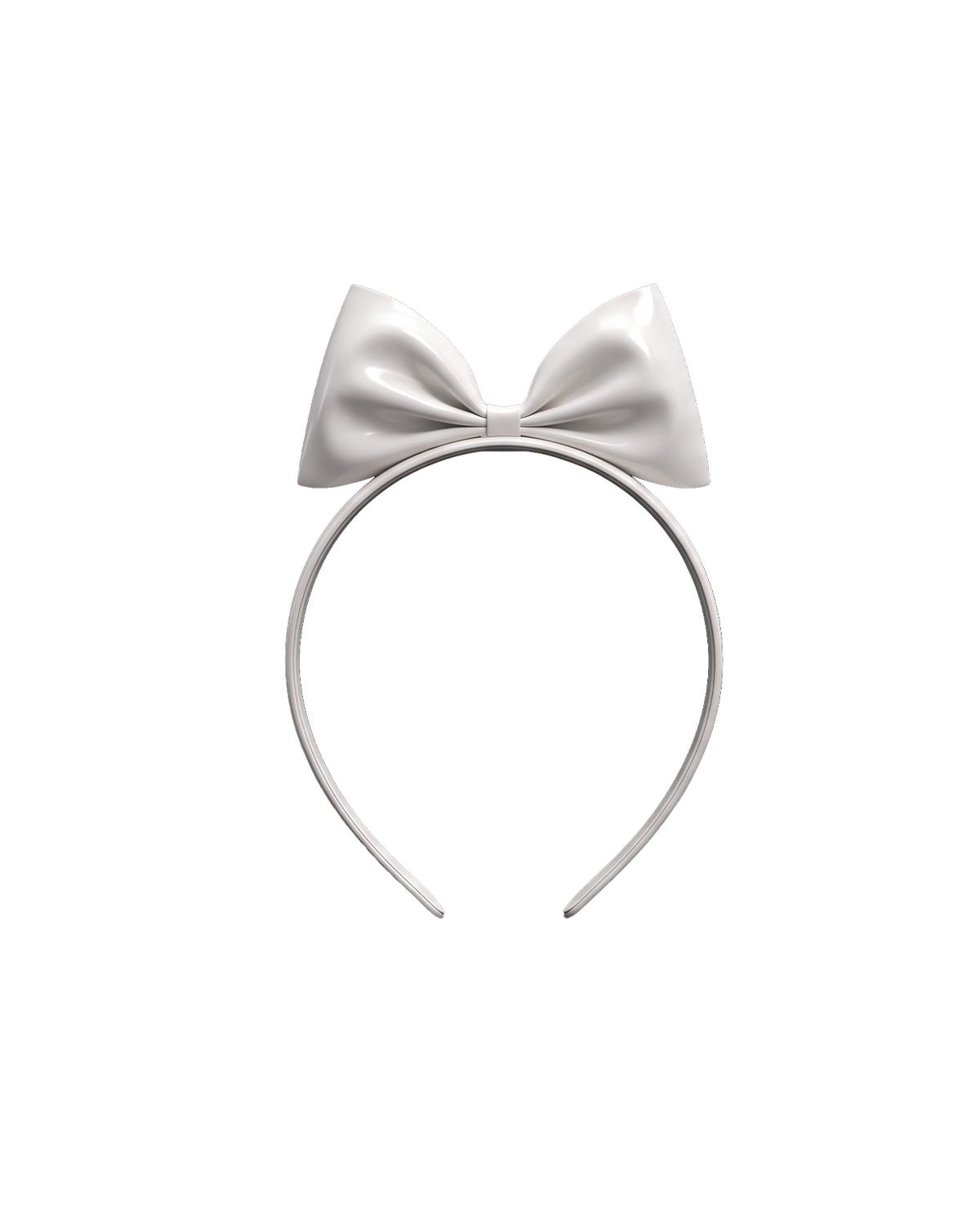 A high-shine white latex headband by Ribcage, featuring a sleek band crowned with a dramatic, oversized structural bow at the top.