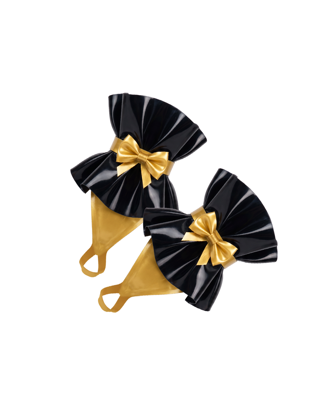 A pair of high-shine metallic gold and black latex hand cuffs by Ribcage, featuring a flared ruffled cuff design, a contrasting metallic pink bow, and an integrated finger loop.
