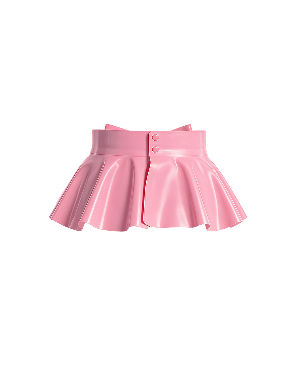 A back view of the high-shine metallic pink latex peplum overlay by Ribcage, featuring a one-piece wrap design fastened with two snap buttons at the back waist, and a flared, softly pleated drape.