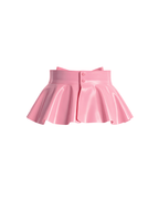 A back view of the high-shine metallic pink latex peplum overlay by Ribcage, featuring a one-piece wrap design fastened with two snap buttons at the back waist, and a flared, softly pleated drape.