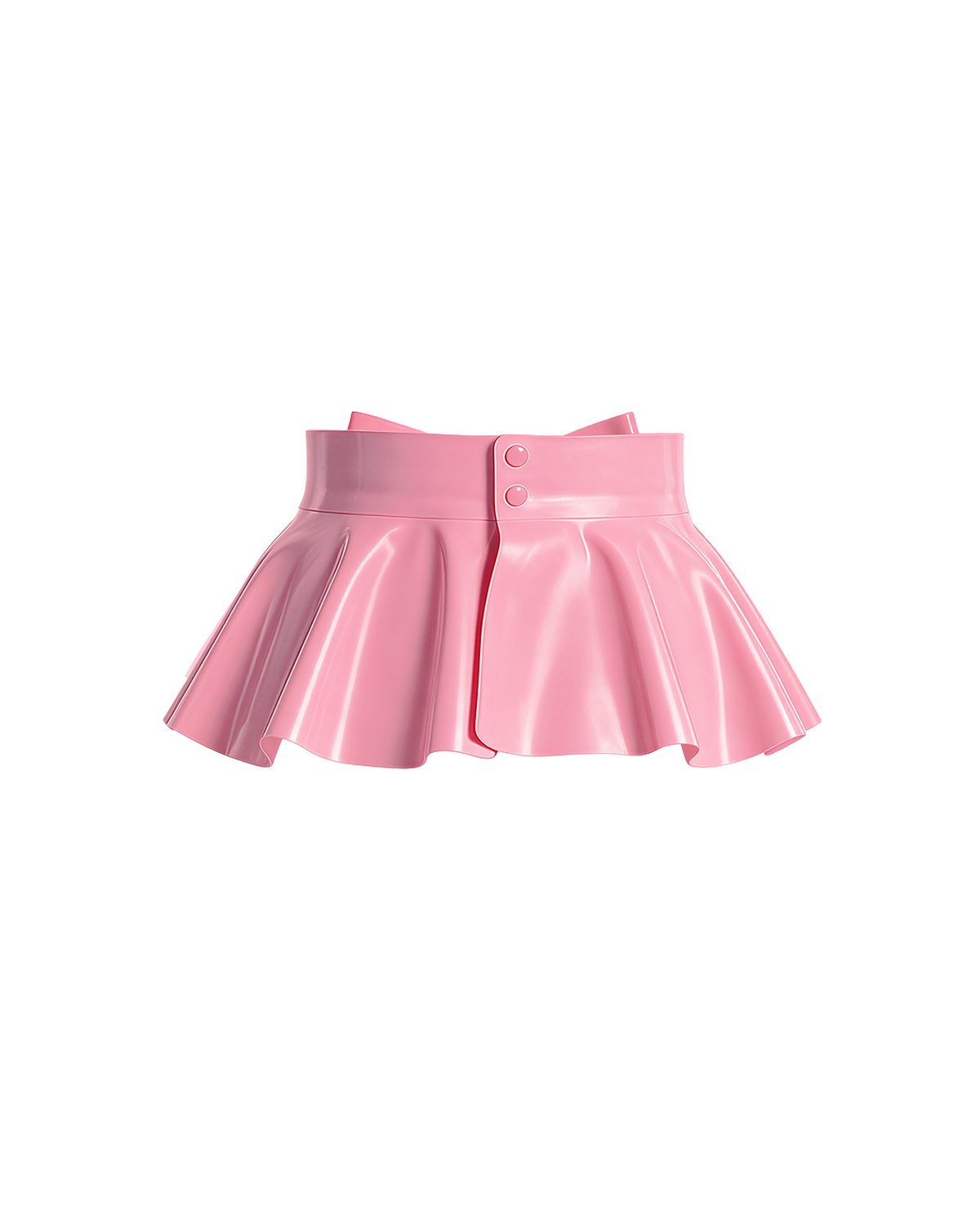 A back view of the high-shine metallic pink latex peplum overlay by Ribcage, featuring a one-piece wrap design fastened with two snap buttons at the back waist, and a flared, softly pleated drape.