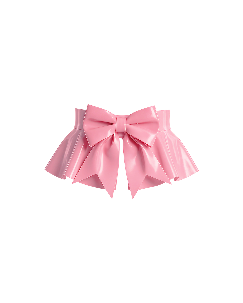 A front view of the high-shine metallic pink latex peplum overlay by Ribcage, featuring a dramatic oversized structural bow at the front and a flared, softly pleated drape.