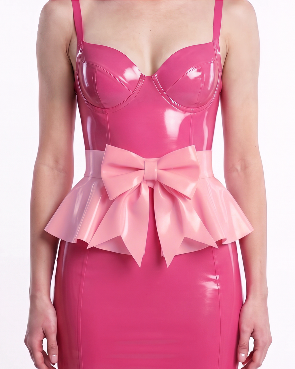 A model shown from the front wearing a high-shine metallic pink latex peplum overlay by Ribcage, featuring a dramatic oversized structural bow at the waist and a flared, softly pleated drape, styled over a black latex corset ensemble.