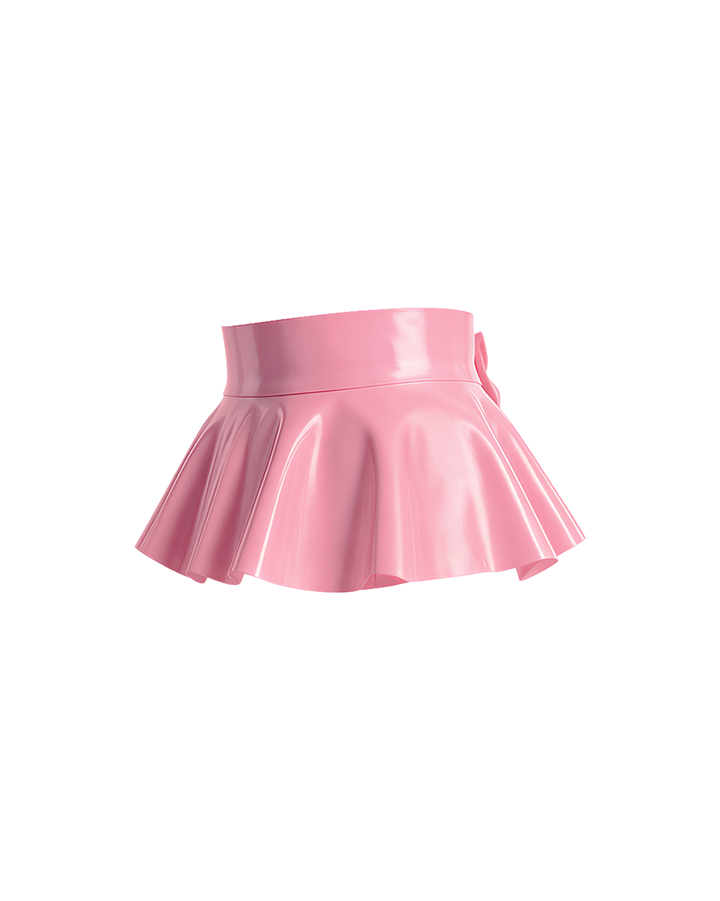A side view of the high-shine metallic pink latex peplum overlay by Ribcage, featuring a dramatic oversized structural bow at the front and a flared, softly pleated drape.