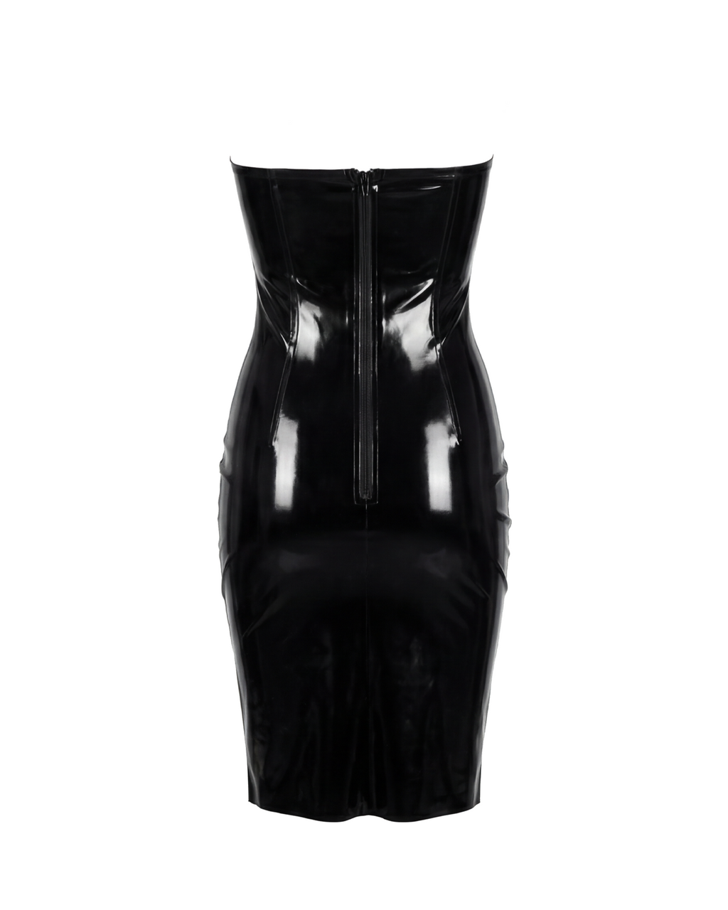 A glossy black latex strapless dress by Ribcage, featuring a clean, straight neckline, a form-fitting pencil silhouette, and a compressive second-skin fit.