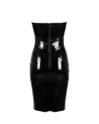 A glossy black latex strapless dress by Ribcage, featuring a clean, straight neckline, a form-fitting pencil silhouette, and a compressive second-skin fit.