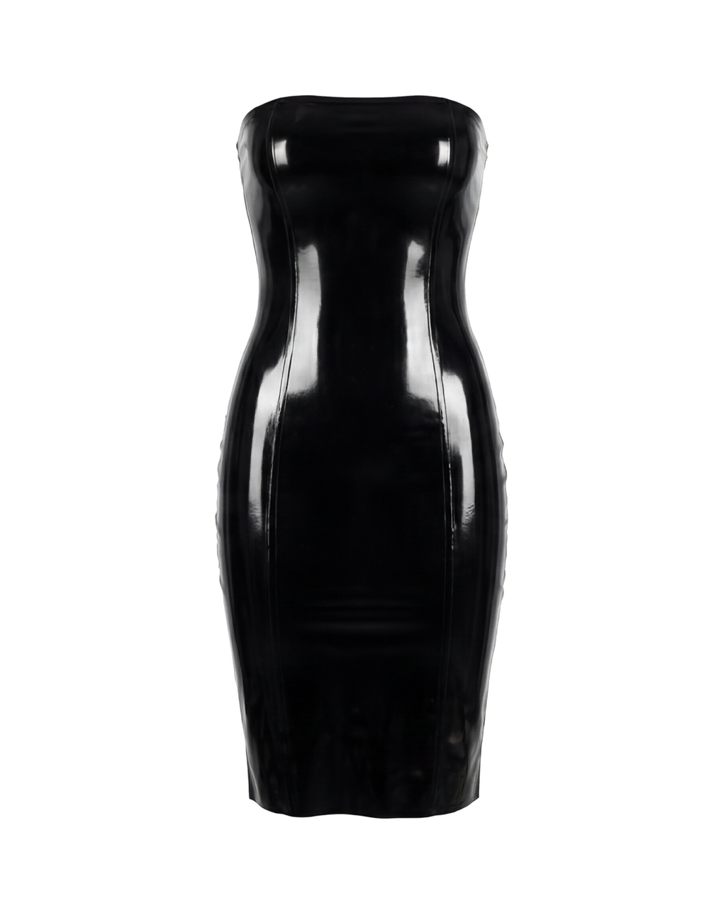 A glossy black latex strapless dress by Ribcage, featuring a clean, straight neckline, a form-fitting pencil silhouette, and a compressive second-skin fit.
