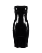 A glossy black latex strapless dress by Ribcage, featuring a clean, straight neckline, a form-fitting pencil silhouette, and a compressive second-skin fit.