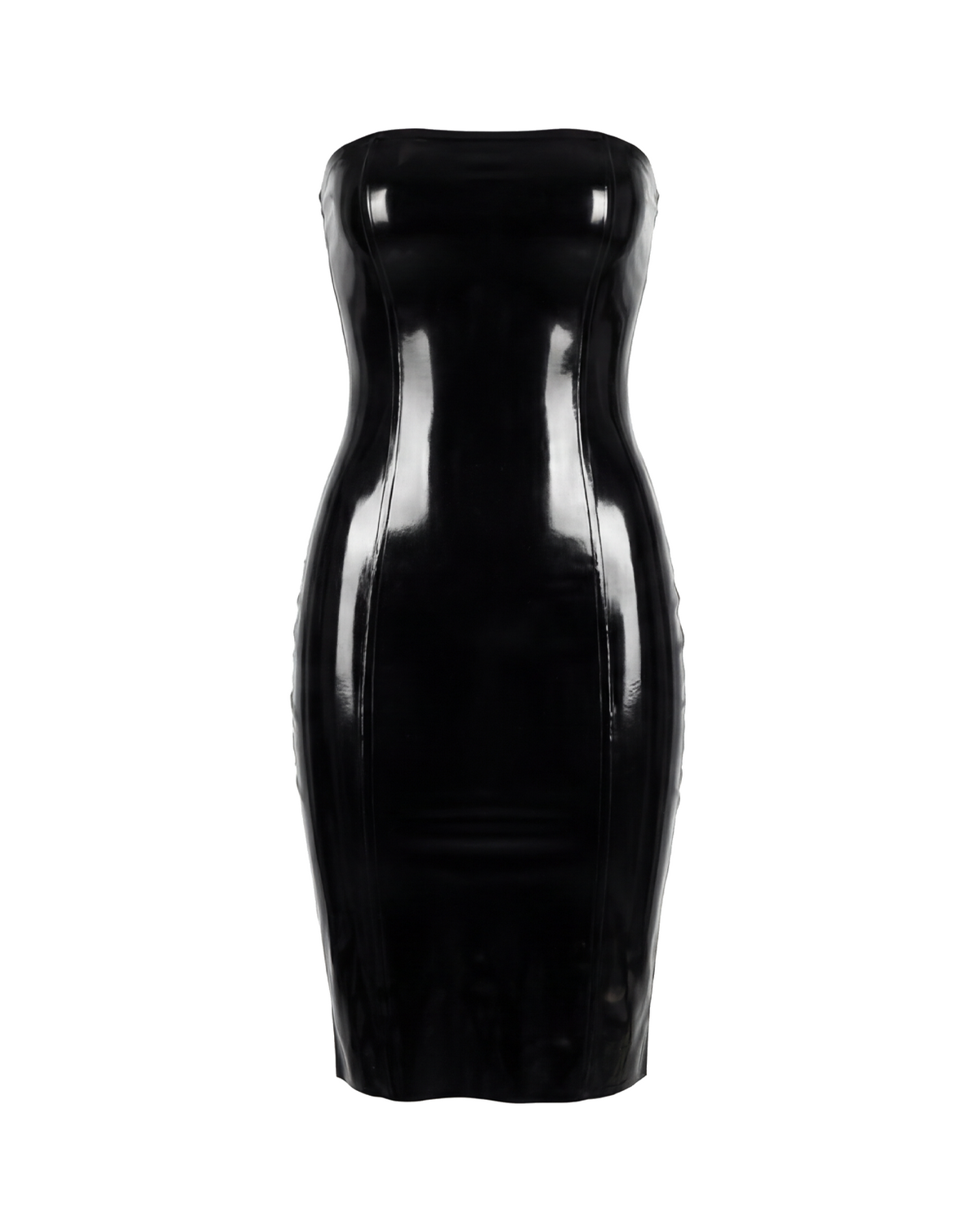 A glossy black latex strapless dress by Ribcage, featuring a clean, straight neckline, a form-fitting pencil silhouette, and a compressive second-skin fit.