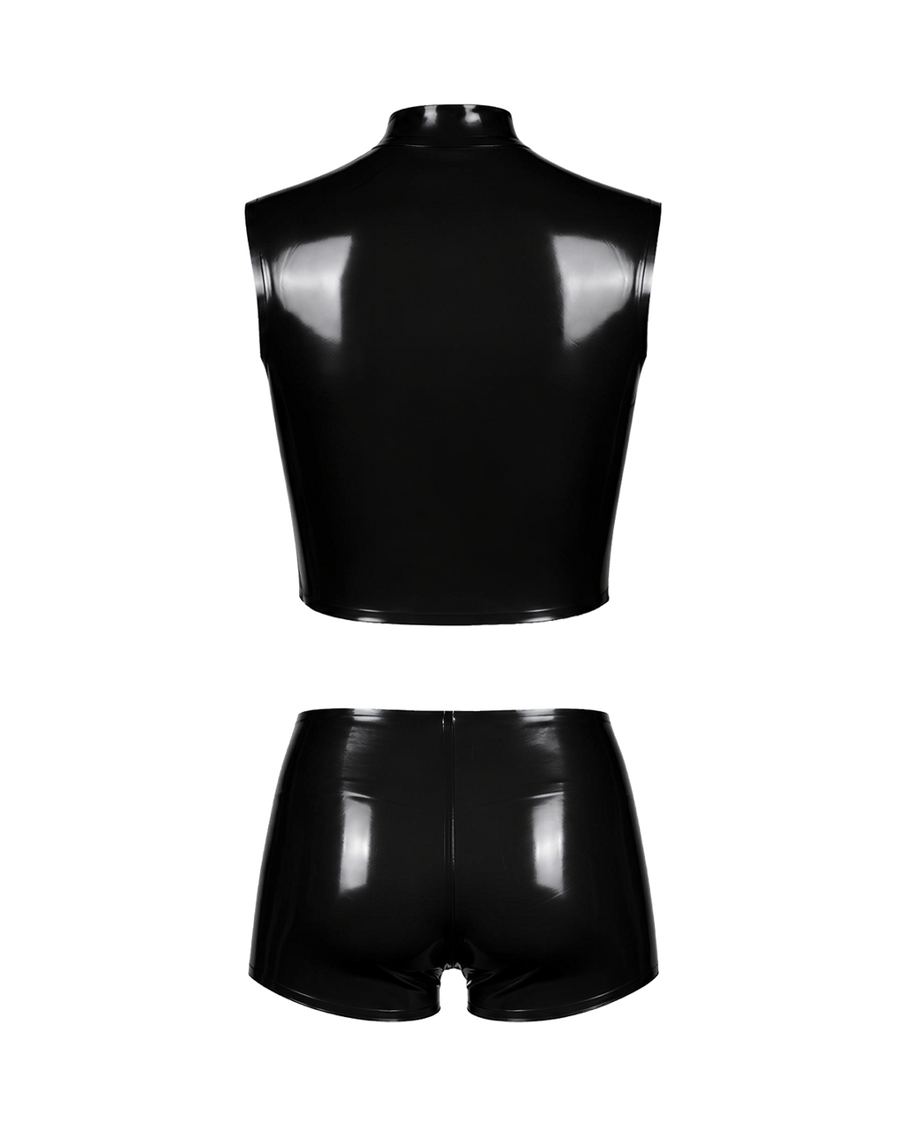 A high-shine black latex two-piece ensemble by Ribcage, featuring a mock-neck sleeveless top with a bold front zip and snap buttons, paired with matching high-waisted shorts in a compressive second-skin fit.