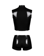 A high-shine black latex two-piece ensemble by Ribcage, featuring a mock-neck sleeveless top with a bold front zip and snap buttons, paired with matching high-waisted shorts in a compressive second-skin fit.