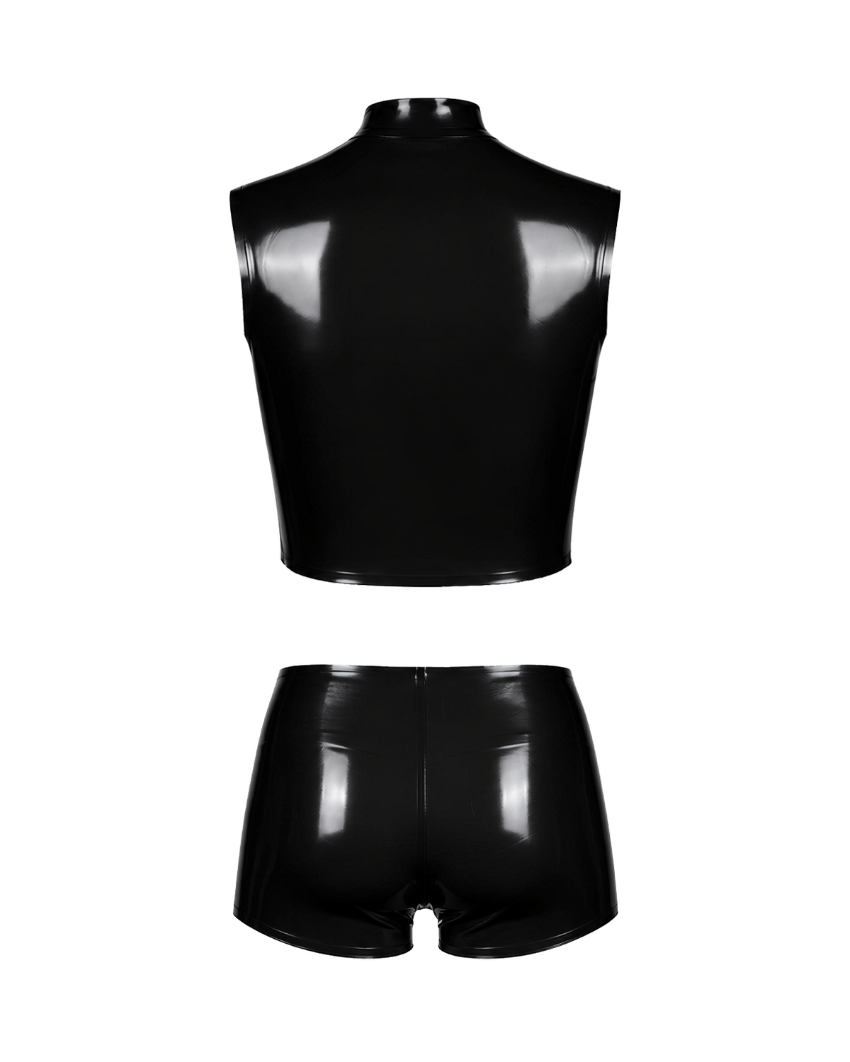 A high-shine black latex two-piece ensemble by Ribcage, featuring a mock-neck sleeveless top with a bold front zip and snap buttons, paired with matching high-waisted shorts in a compressive second-skin fit.