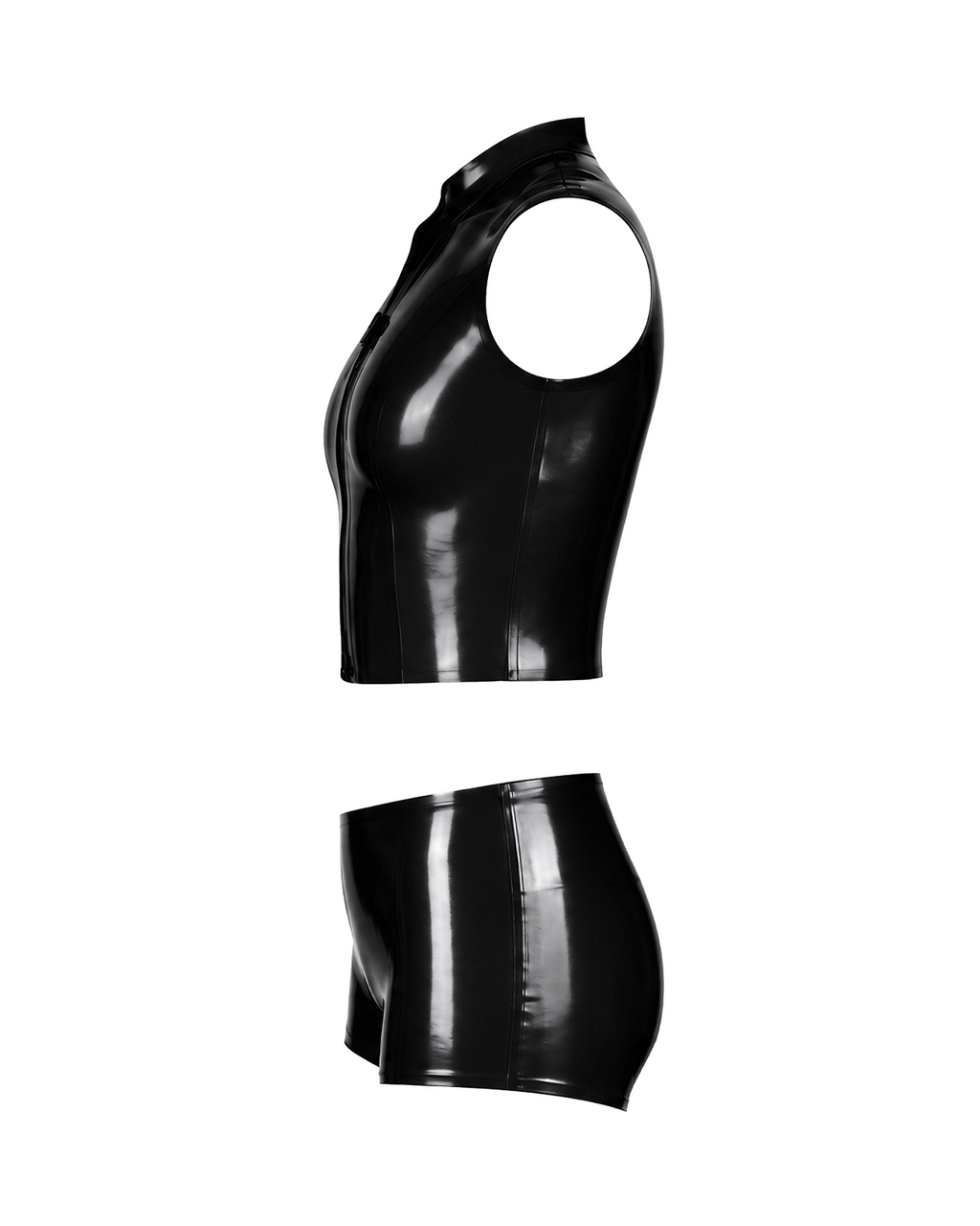A high-shine black latex two-piece ensemble by Ribcage, featuring a mock-neck sleeveless top with a bold front zip and snap buttons, paired with matching high-waisted shorts in a compressive second-skin fit.