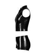 A high-shine black latex two-piece ensemble by Ribcage, featuring a mock-neck sleeveless top with a bold front zip and snap buttons, paired with matching high-waisted shorts in a compressive second-skin fit.