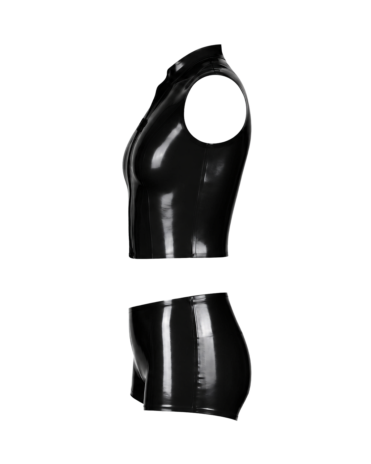 A high-shine black latex two-piece ensemble by Ribcage, featuring a mock-neck sleeveless top with a bold front zip and snap buttons, paired with matching high-waisted shorts in a compressive second-skin fit.