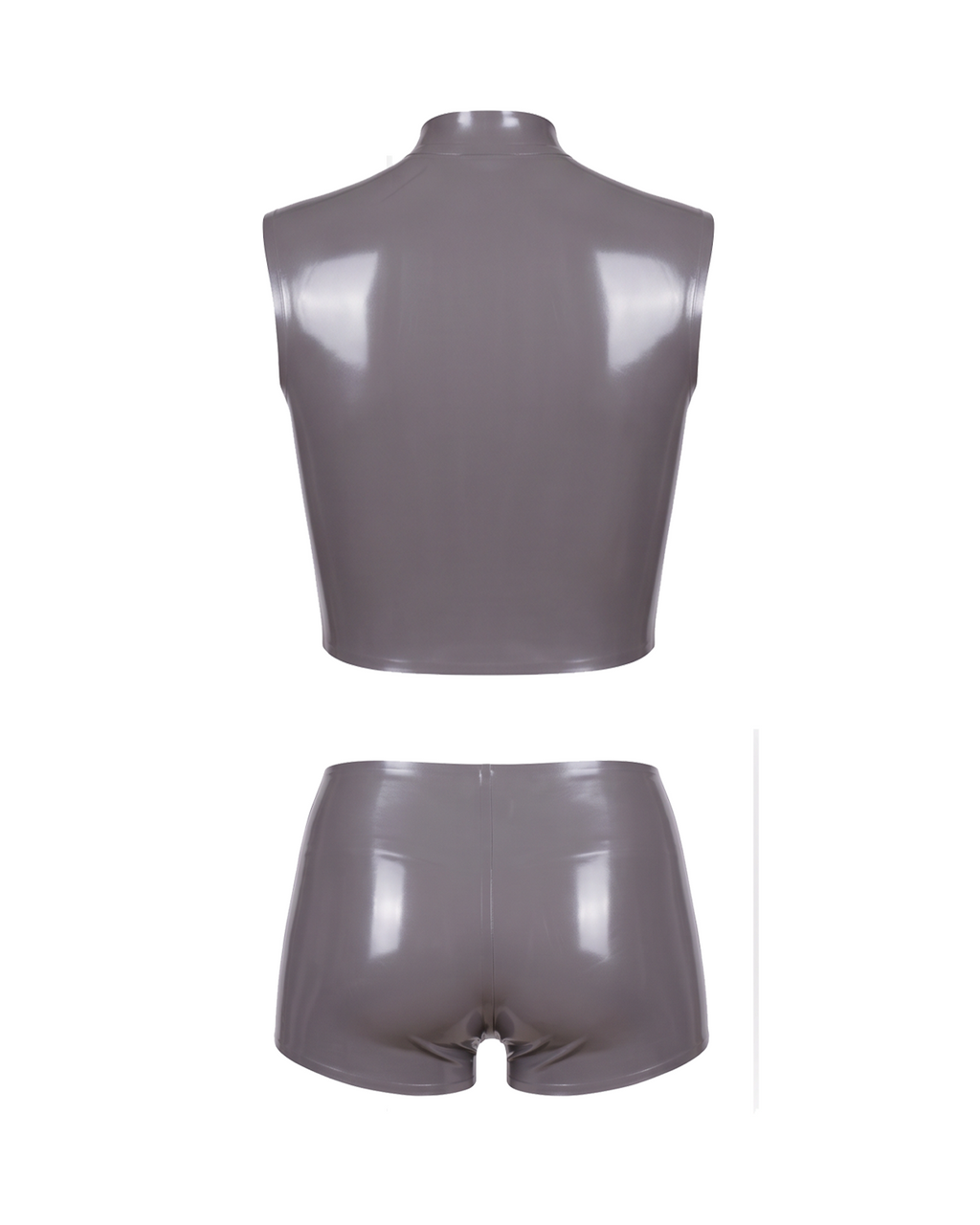 A high-shine metallic taupe-grey latex two-piece ensemble by Ribcage, featuring a mock-neck sleeveless top with a bold front zip and snap buttons, paired with matching high-waisted shorts in a compressive second-skin fit.