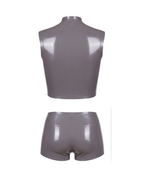 A high-shine metallic taupe-grey latex two-piece ensemble by Ribcage, featuring a mock-neck sleeveless top with a bold front zip and snap buttons, paired with matching high-waisted shorts in a compressive second-skin fit.