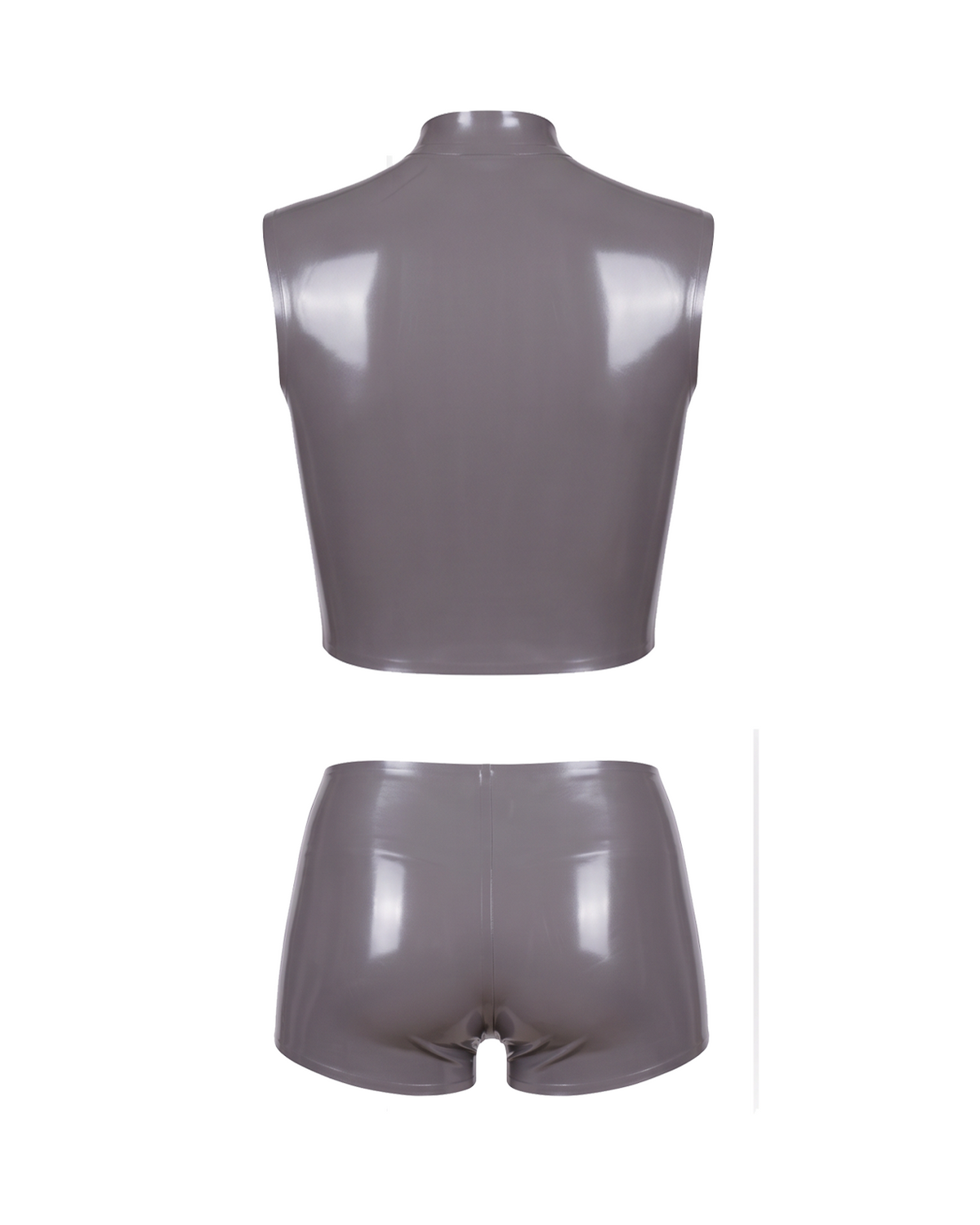 A high-shine metallic taupe-grey latex two-piece ensemble by Ribcage, featuring a mock-neck sleeveless top with a bold front zip and snap buttons, paired with matching high-waisted shorts in a compressive second-skin fit.