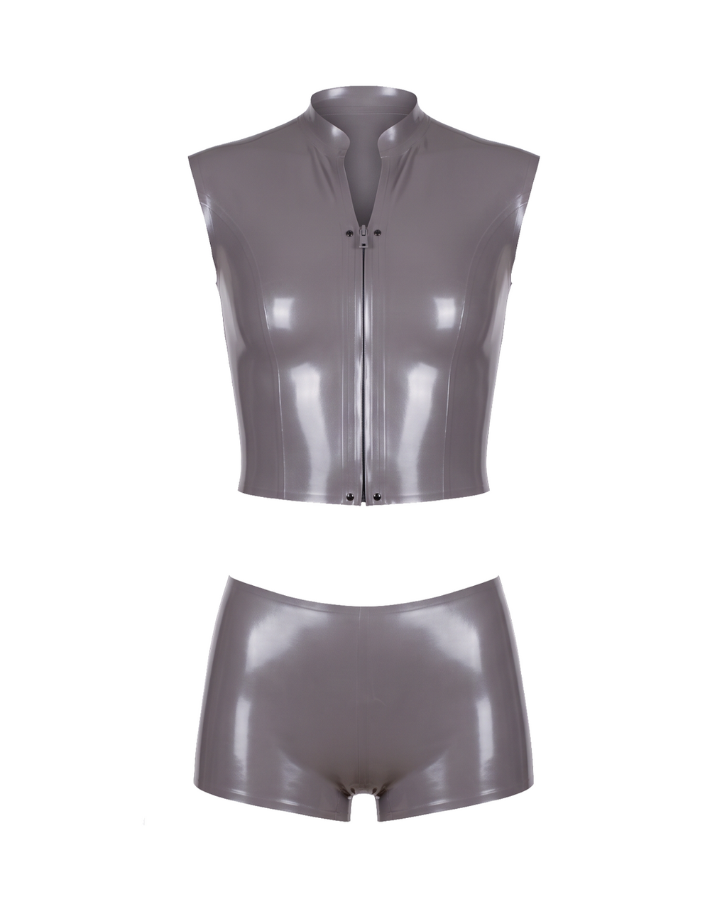 A high-shine metallic taupe-grey latex two-piece ensemble by Ribcage, featuring a mock-neck sleeveless top with a bold front zip and snap buttons, paired with matching high-waisted shorts in a compressive second-skin fit.