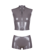 A high-shine metallic taupe-grey latex two-piece ensemble by Ribcage, featuring a mock-neck sleeveless top with a bold front zip and snap buttons, paired with matching high-waisted shorts in a compressive second-skin fit.