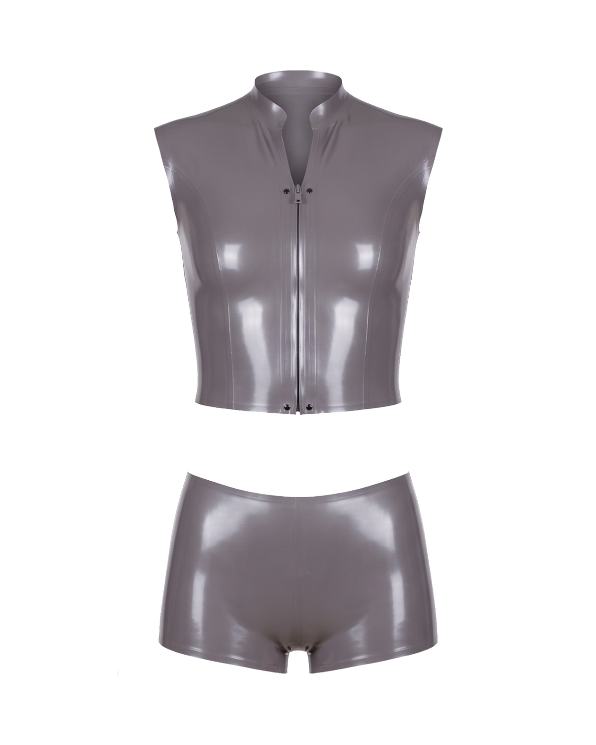 A high-shine metallic taupe-grey latex two-piece ensemble by Ribcage, featuring a mock-neck sleeveless top with a bold front zip and snap buttons, paired with matching high-waisted shorts in a compressive second-skin fit.