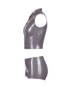 A high-shine metallic taupe-grey latex two-piece ensemble by Ribcage, featuring a mock-neck sleeveless top with a bold front zip and snap buttons, paired with matching high-waisted shorts in a compressive second-skin fit.